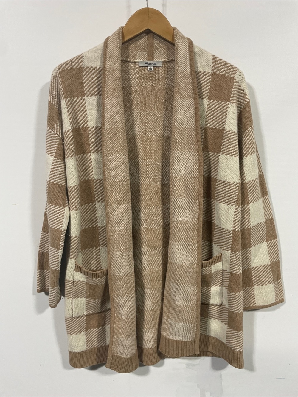 Madewell Cream and Brown Check Plaid Open Cardigan